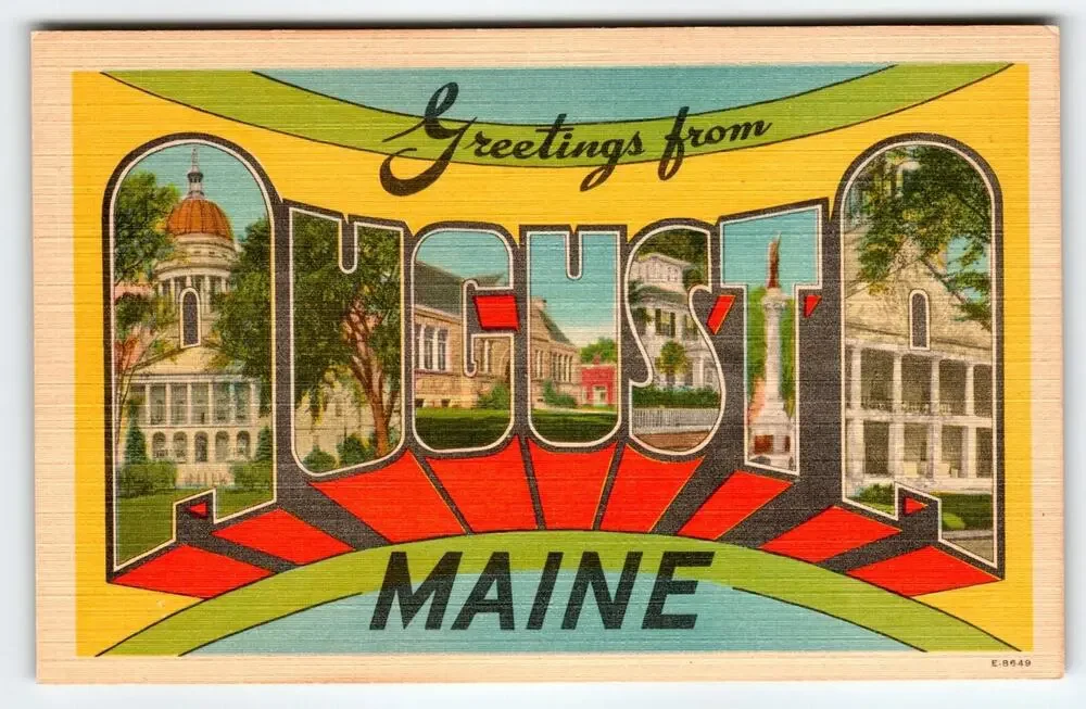 Greetings From Augusta Maine 1940's Large Letter City Postcard Linen Vintage